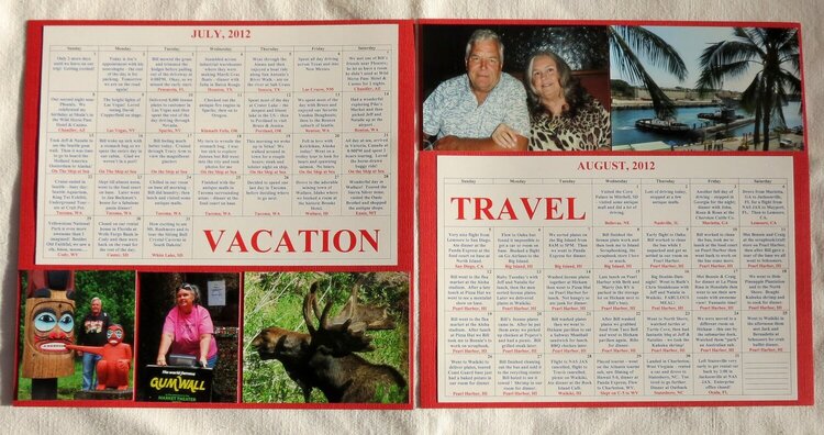 Calendar Page Both for road trip and Alaska Cruise and Hawaii 2012 vacation