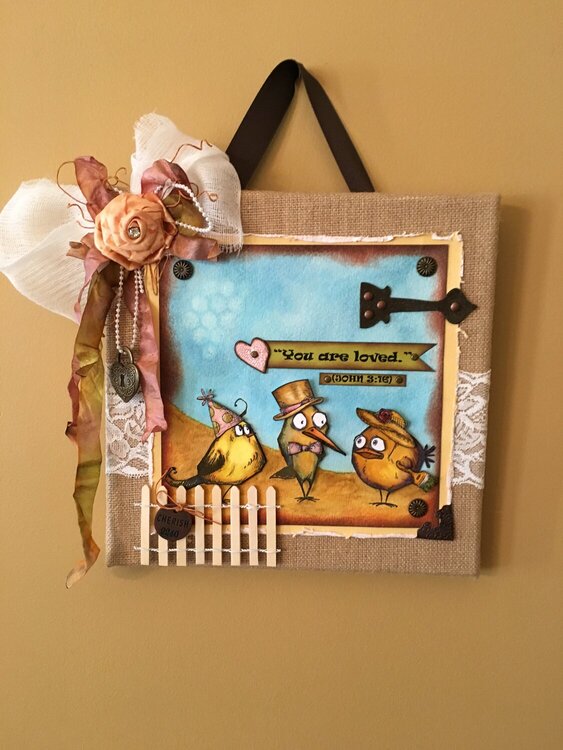 Burlap Canvas Bird Crazy &quot;You are loved&quot;