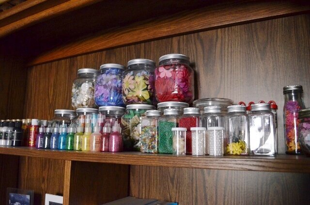 Button, flower, paint, glitter glue, &amp; bead storage