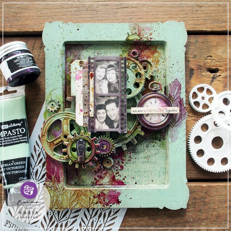Reverse mixed media canvas with Finnabair moulds by Kasia Bogatko