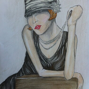 1920s Lady In Black Pencil Drawing