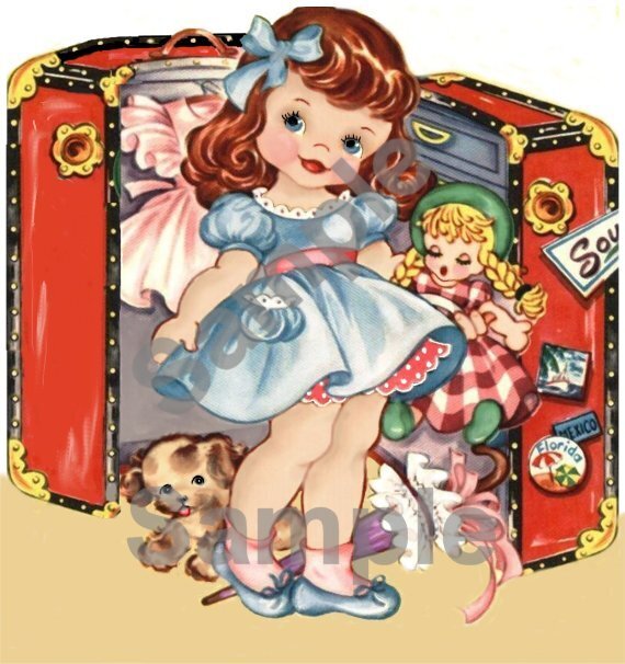 Vintage Little Girl with Doll Trunk  Digital