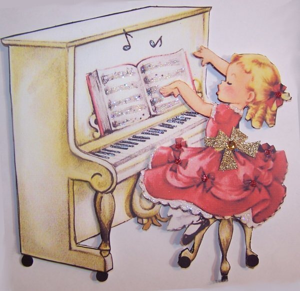 Vintage Girl playing Piano Card Topper