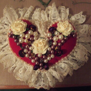 Velvet Hand Sewn Heart with Lace and Pearls