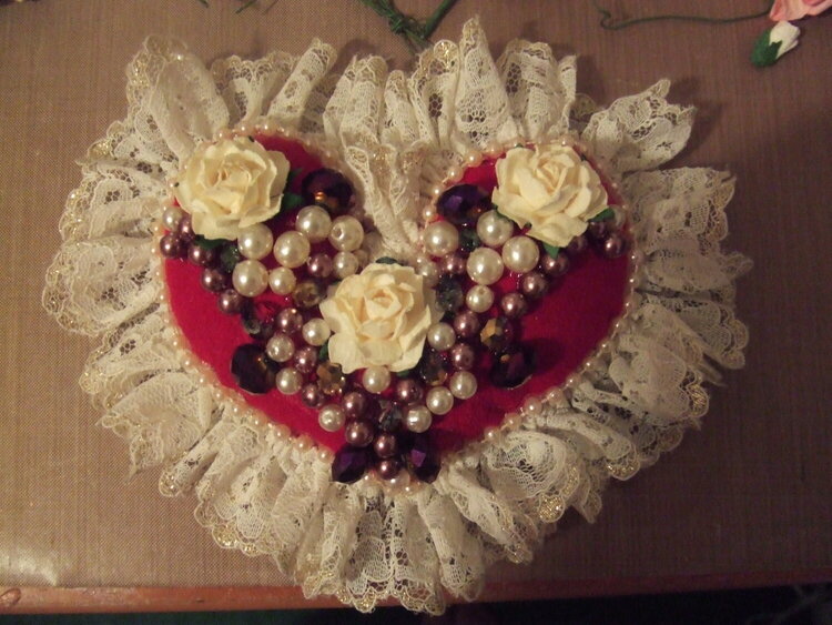 Velvet Hand Sewn Heart with Lace and Pearls
