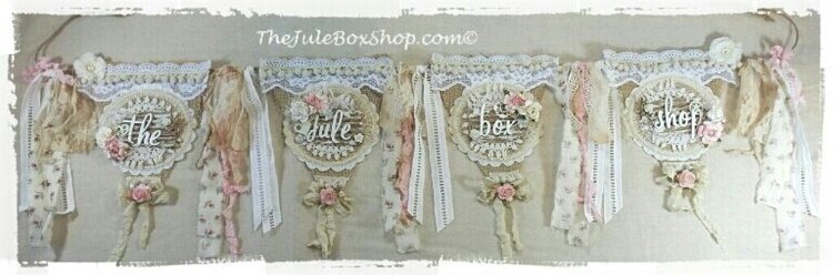 &quot;The Jule Box Shop&quot; Burlap, vintage doily and lace banner!