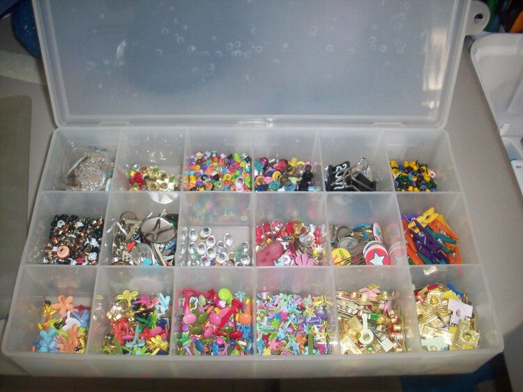 Tackle box of brads, eyelets &amp; miscc