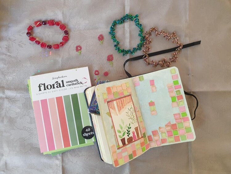 Art journal page , beads bracelets, Nuvo drops flowers.
