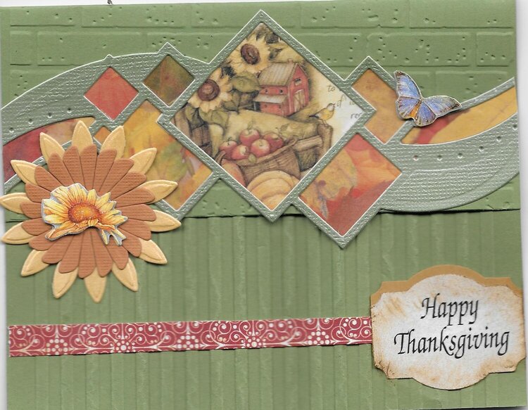 Thanksgiving card.  I am going to be teaching a card class twice a month at our local senior center and I have been making this 