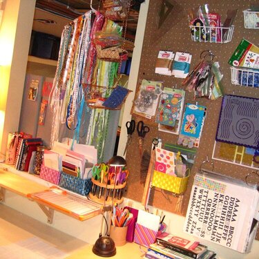 Scraproom - update - desk, pegboard, stamp basket, ribbon hanger