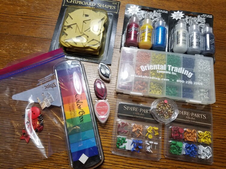 Stickles, Chipboard, brads, Grommets, ink, Chalk, buttons: AGC February Counterfeit Kit