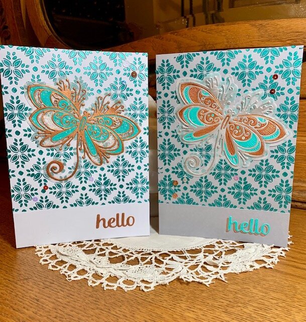 Picket Fence Studios Dragonfly card Stenciled with Paper Glaze