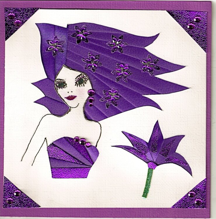 Purple hair lady with flower card.