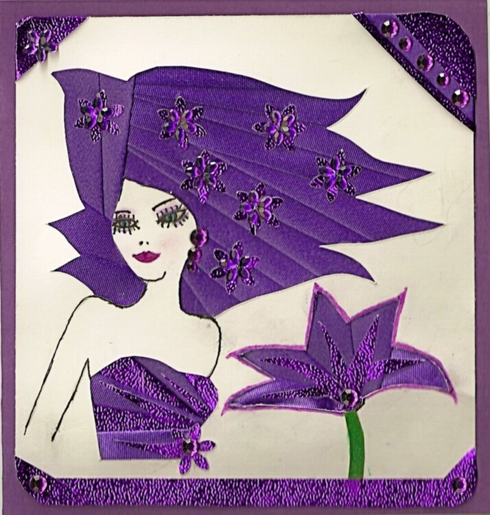 Iris  folded /Fancy folded purple hair lady card