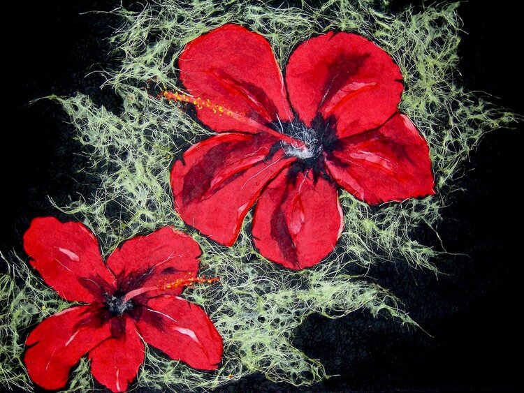 18&quot;X24&quot; ON CANVAS- RED HIBISCUS ON GREEN