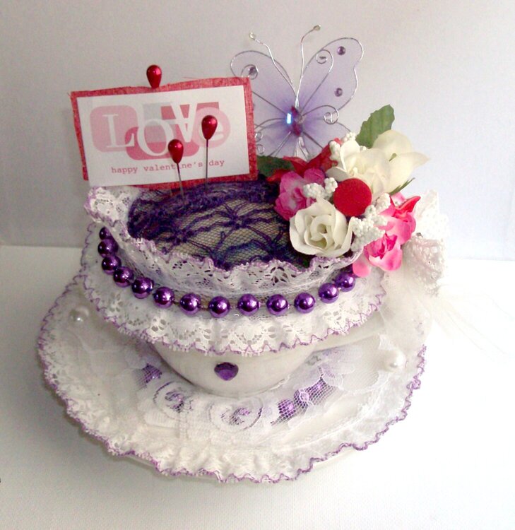 Purple Valentine Altered (Pin Cushion) Tea Cup &amp; Caucer