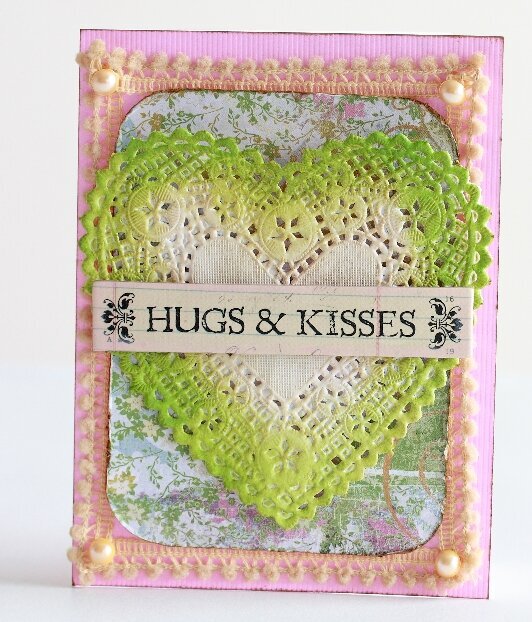 Hugs &amp; kisses doily heart Valentines Day Card