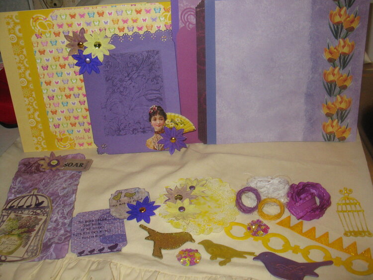 FEBRUARY 8X8 KIT SWAP - PURPLE AND YELLOW - BIRD AND BIRDCAGES