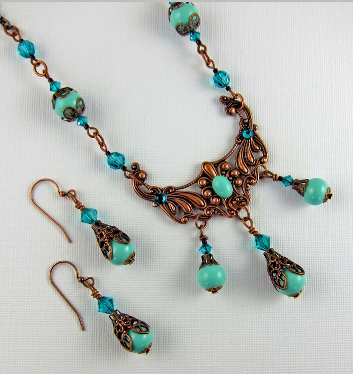 Vintage Inspired Turquoise, Crystal, and Antiqued Copper Necklace Set