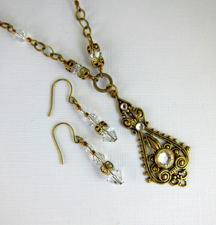 Vintage Inspired Crystal and Antique Brass Pendant Necklace Set