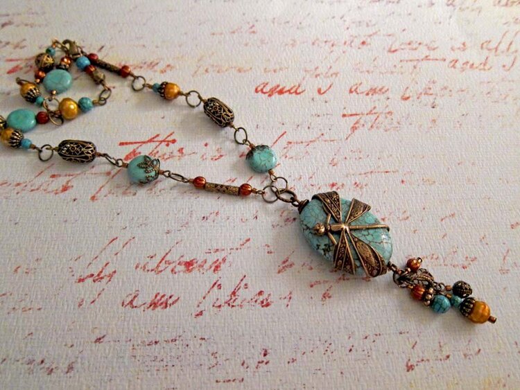 Whimsical Turquoise Dragonfly Wrapped Pendant Necklace