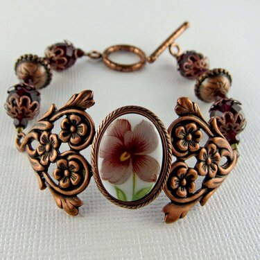 Vintage Floral Cabochon and Antiqued Copper Bracelet