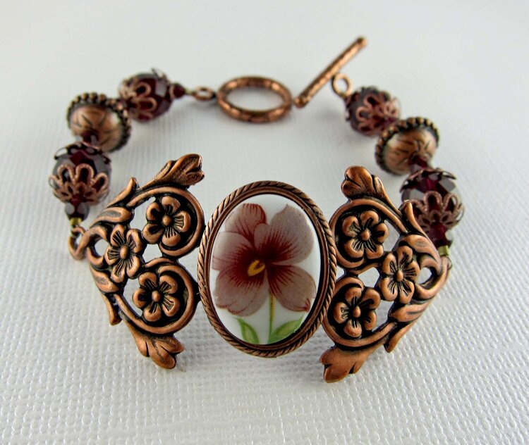 Vintage Floral Cabochon and Antiqued Copper Bracelet