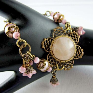 Vintage Inspired Rose Quartz, Pink Pearl, and Pink Cat Eye Bracelet