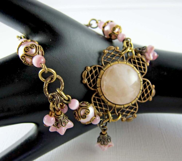 Vintage Inspired Rose Quartz, Pink Pearl, and Pink Cat Eye Bracelet