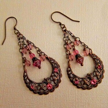 Vintage Inspired Rose Crystal and Antiqued Copper Crescent Earrings