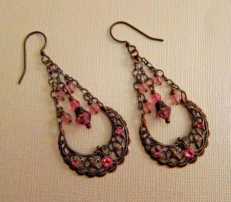 Vintage Inspired Rose Crystal and Antiqued Copper Crescent Earrings