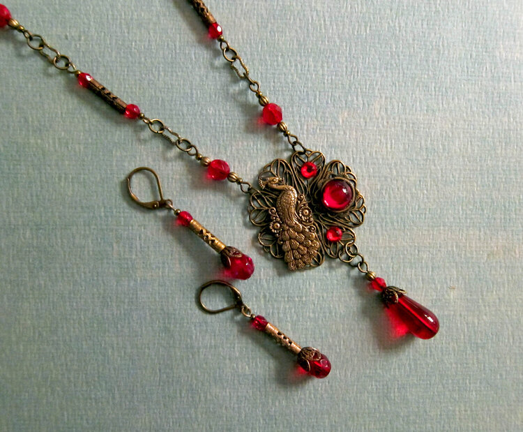 Vintage Inspired Whimsical Peacock and Red Cabochon Necklace Set