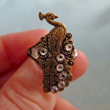 Antiqued Brass Peacock and Crystal Ring
