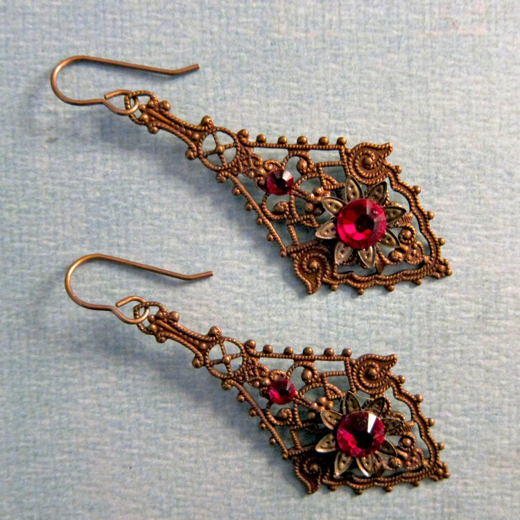 Vintage Inspired Red Crystal and Antiqued Brass Filigree Earrings