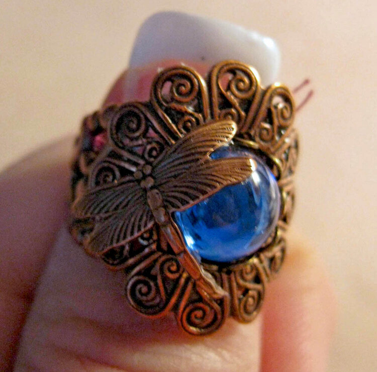 Vintage Inspired Sapphire Cabochon, Dragonfly, and Antiqued Filigree Ring
