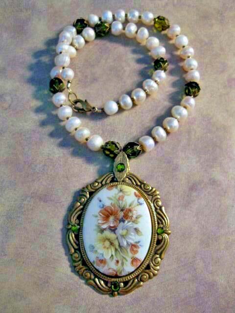 Vintage Floral Cameo, Pearl, and Crystal Necklace