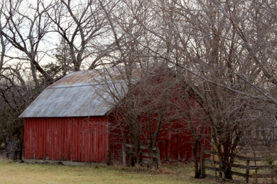 The red barn in winter.