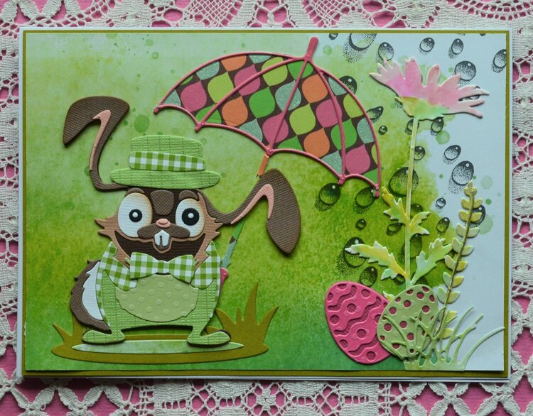 Oliver Rabbit with Ryn Raindrop Stamped Background