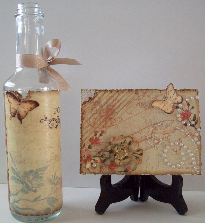 (left side view of) Decoupage bottle vase and matching card -  gift