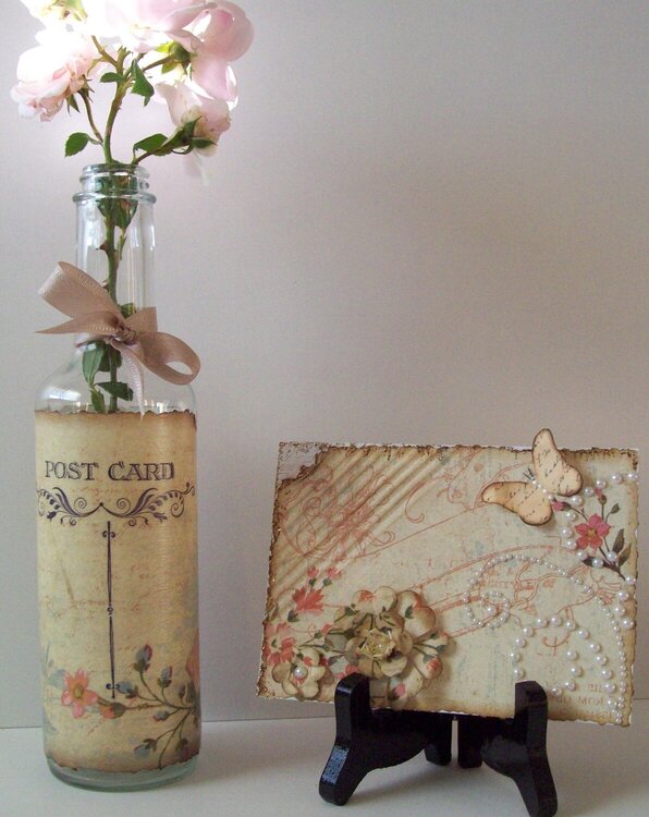 (front view) Decoupage bottle Vase and Card to match