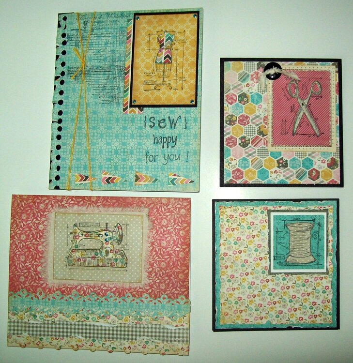 4 quick cards from Tim Holtz &#039;Sew Cute&#039; mini card kit~