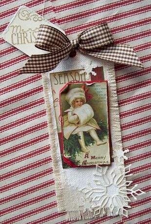 Vintage style canvas &amp; paper Christmas gift tag