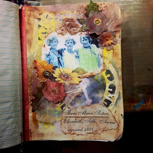 My grandmother and her 2 sisters mixed media collage lay out