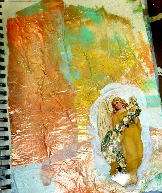 golden Christmas angel page mixed media collage