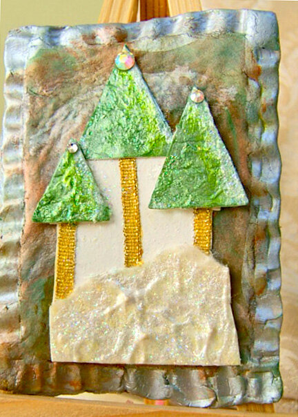 WINTER TREES air dried clay atc aceo mixed collage