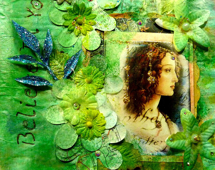 Renaissance beauty in green flower paper lay out