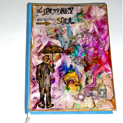 Travel mixed media collage leather journal