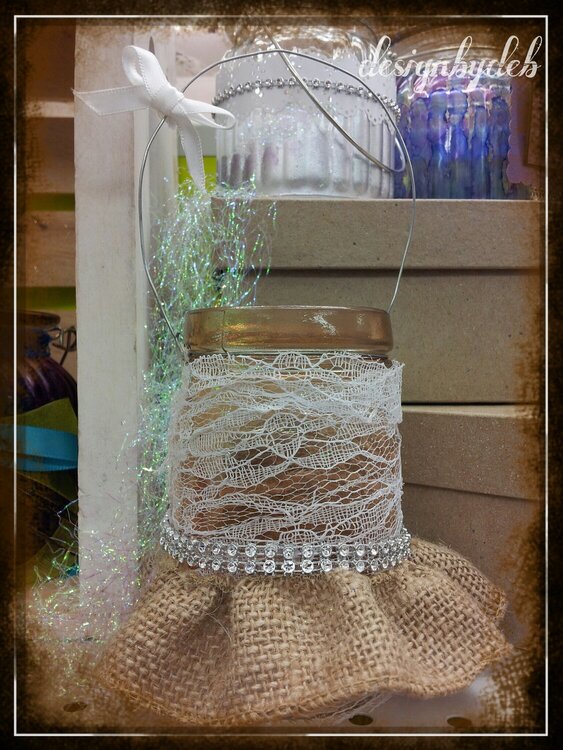 burlap glass jar with lace and gems