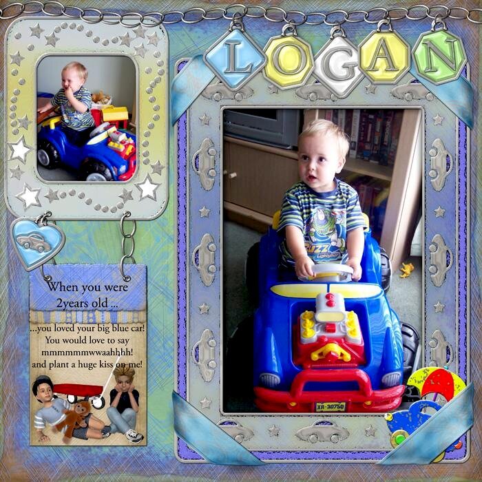 Logan riding in his toy peddle car