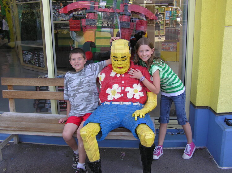 Downtown Disney - Carl and Shaina with the Lego Guy outside the Lego Store